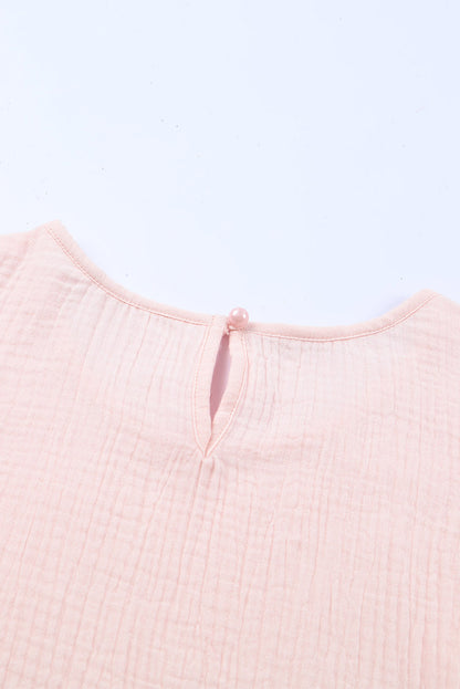 Rosy Crinkled Ruffle Casual Short Sleeve Blouse