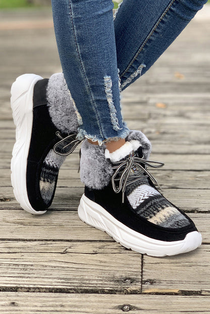 Black Striped Raw Hem Patchwork Lace Up Sneakers