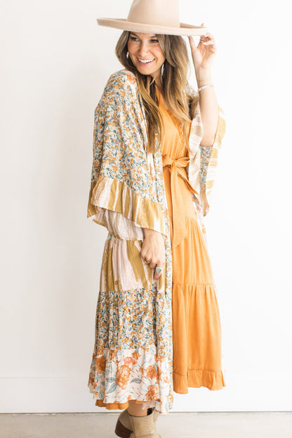 Multicolor Wide Sleeve Mixed Floral Print Long Kimono