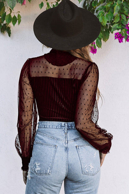 Black Sexy Sheer Dotty Puff Sleeve Ribbed Velvet Bodysuit