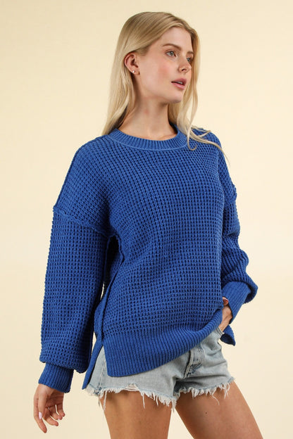 VERY J Waffle-Knit Exposed Seam Round Neck Sweater