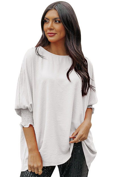 Rosy Solid Casual Smocked Cuffs Top