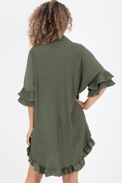 Moss Green Pleated Ruffle Sleeve Oversized Shirt Dress