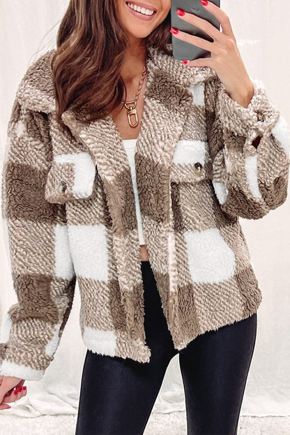 Khaki Plaid Buttoned Collared Sherpa Jacket