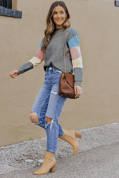 Rosy Color Block Casual Drop Sleeve Sweatshirt