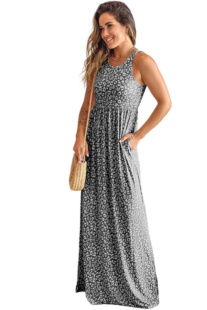 Sleeveless Floor Length Leopard Print Dress with Pockets