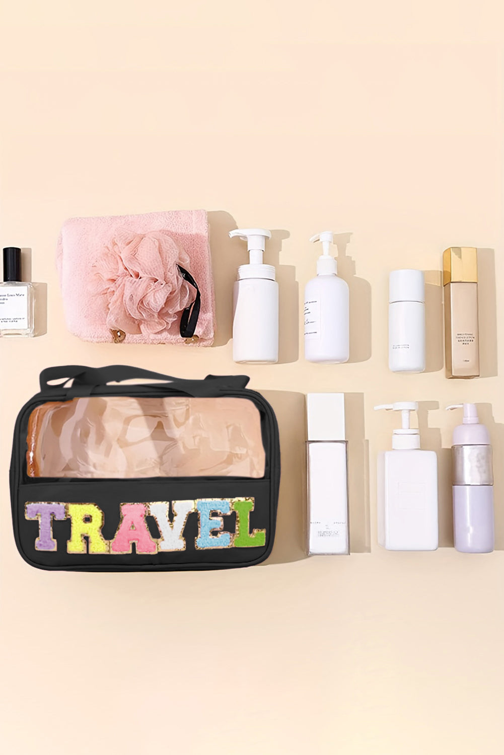 Pink Purple TRAVEL Chenille Letter Clear PVC Makeup Bag