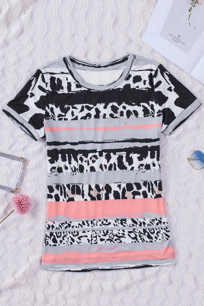 Cow Leopard Striped O-Neck Western Tee