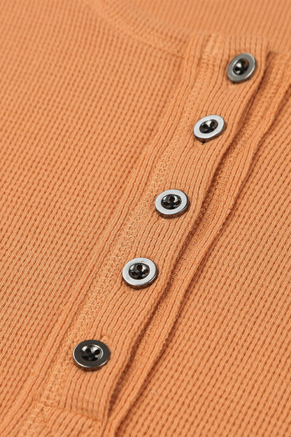 Orange Casual Waffle Button Front Knit Henley Top