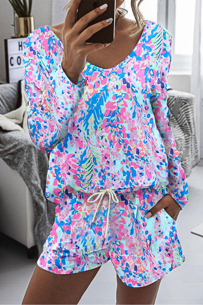 Multicolour Floral Print Long Sleeve Pullover and Shorts Lounge Set