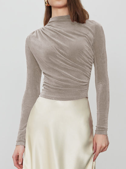 Ruched Mock Neck Long Sleeve T-Shirt