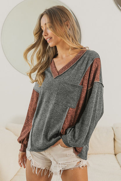 Brown Exposed Seam Patchwork V Neck Long Sleeve Top