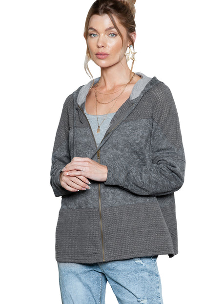 Grey Dark Wash Zip Up Jean Jacket with Hoodie