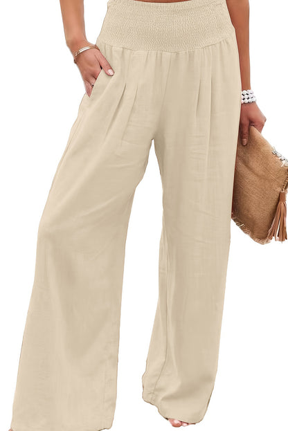 Khaki Smocked Wide Waistband High Waist Wide Leg Pants