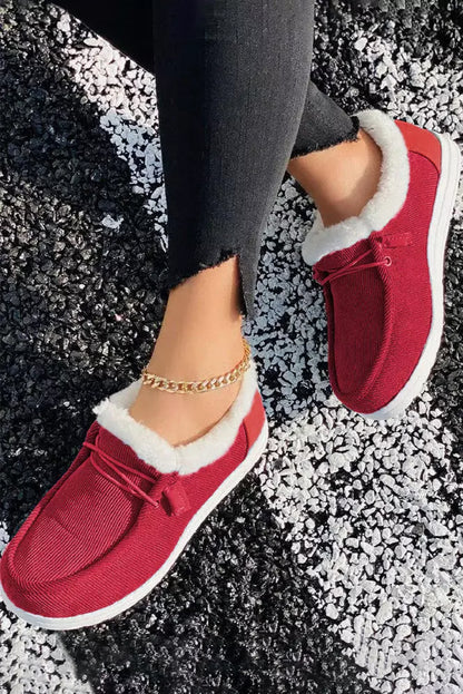 Fiery Red Lace up Corduroy Fur Lined Slip on Shoes