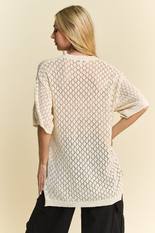 Davi & Dani Side Slit Openwork Round Neck Half Sleeve Knit Cover Up