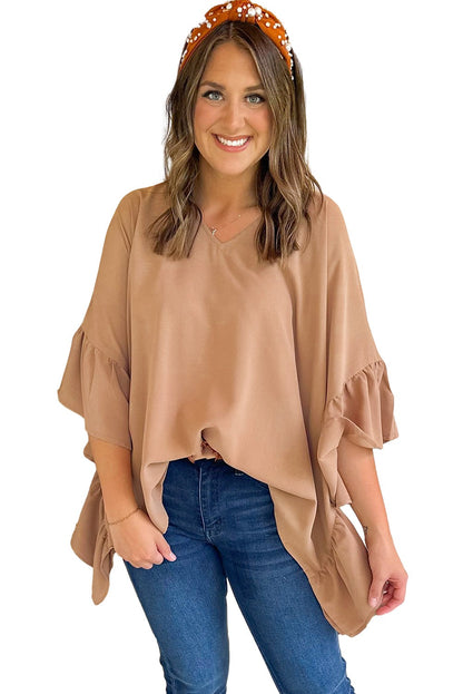 Smoke Gray Plus Size Ruffled Batwing Sleeve V Neck Blouse