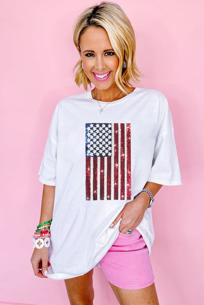 White Sequined American Flag Graphic Crewneck Oversized Tee