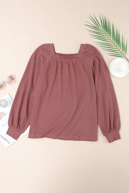 Apricot Waffle Texture Square Neck Pullover Top