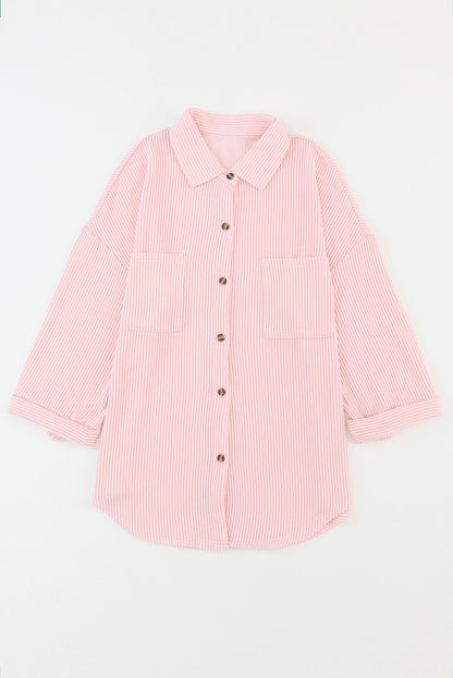 Pink Solid Color Textured Roll Tab Sleeve Shirt Jacket