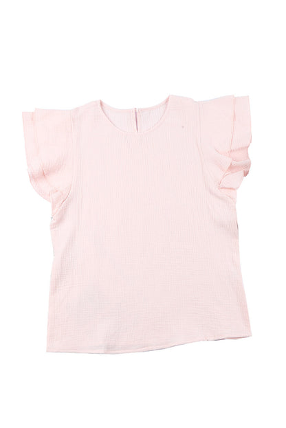 Rosy Crinkled Ruffle Casual Short Sleeve Blouse