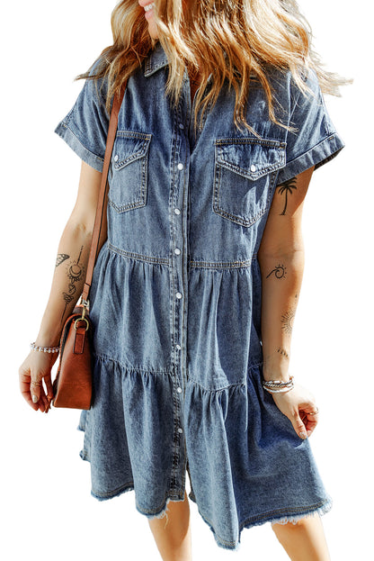 Gray Button Up Short Sleeve Denim Shirt Dress