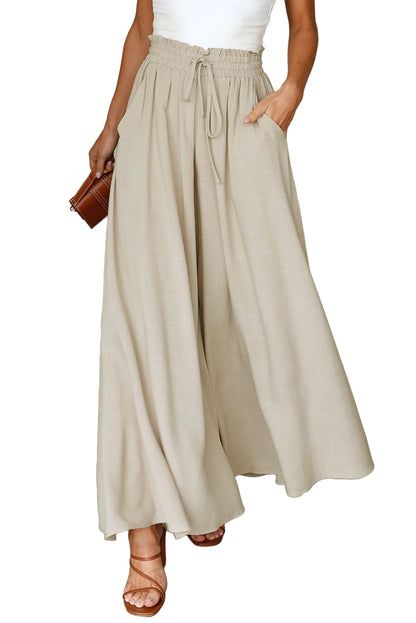 Gray Drawstring Smocked High Waist Wide Leg Pants