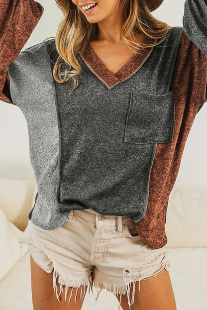 Brown Exposed Seam Patchwork V Neck Long Sleeve Top