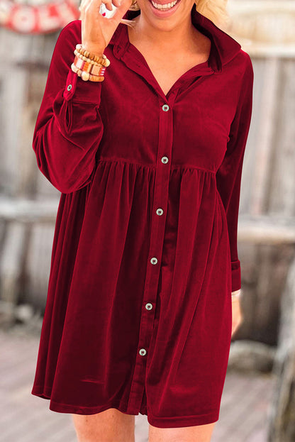 Red Long Sleeve Ruffle Velvet Button Up Shirt Dress