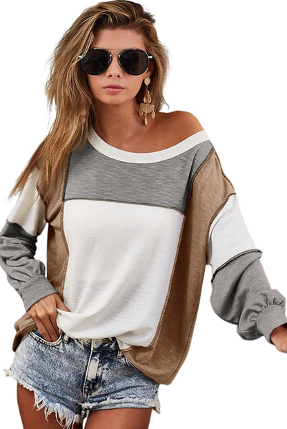 Khaki Color Block Exposed Seam Long Sleeve T Shirt