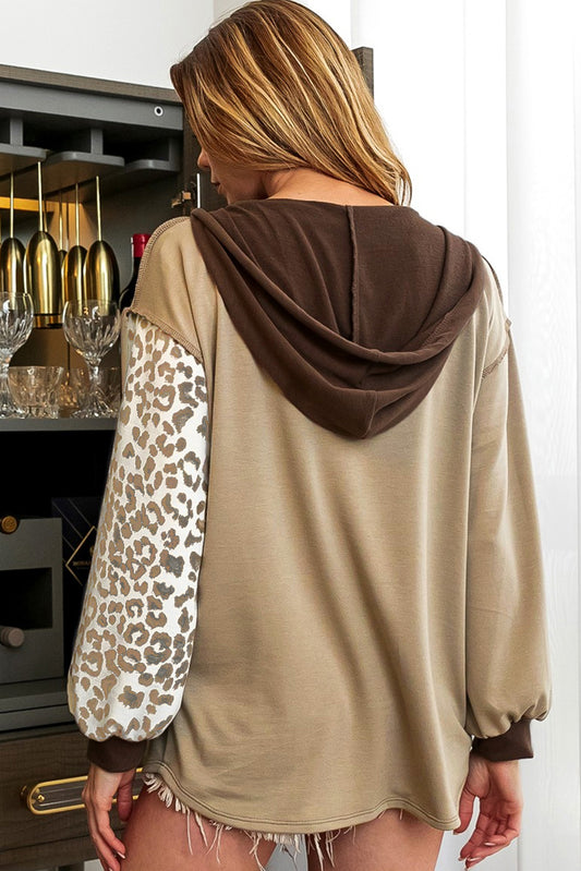 Brown Leopard Print Color Block Exposed Seam Henley Pullover Hoodie