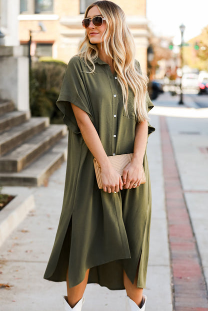 Jungle Green Loose High Low Side Slits Short Sleeve Shirt Dress