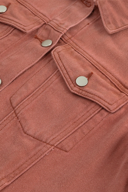 Red Distressed Raw Hem Pocket Buttons Denim Jacket