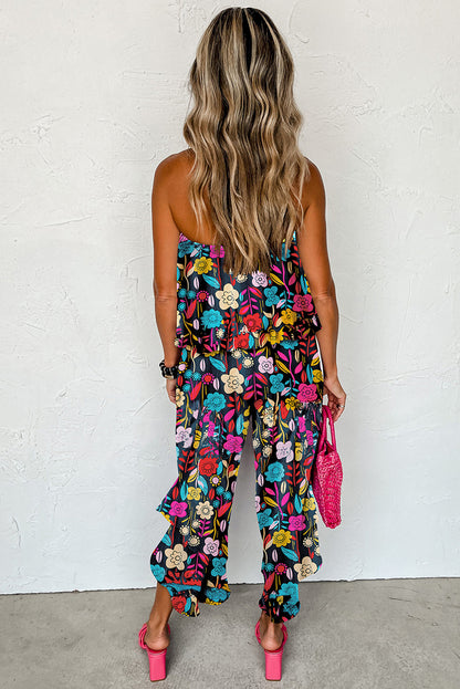 Green Mix Tropical Print Strapless Ruffle Jumpsuit