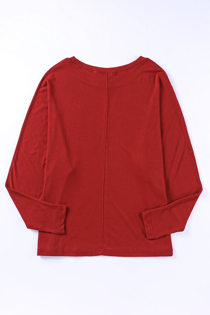 Red Basic Solid Color Seam Patchwork Long Sleeve Top