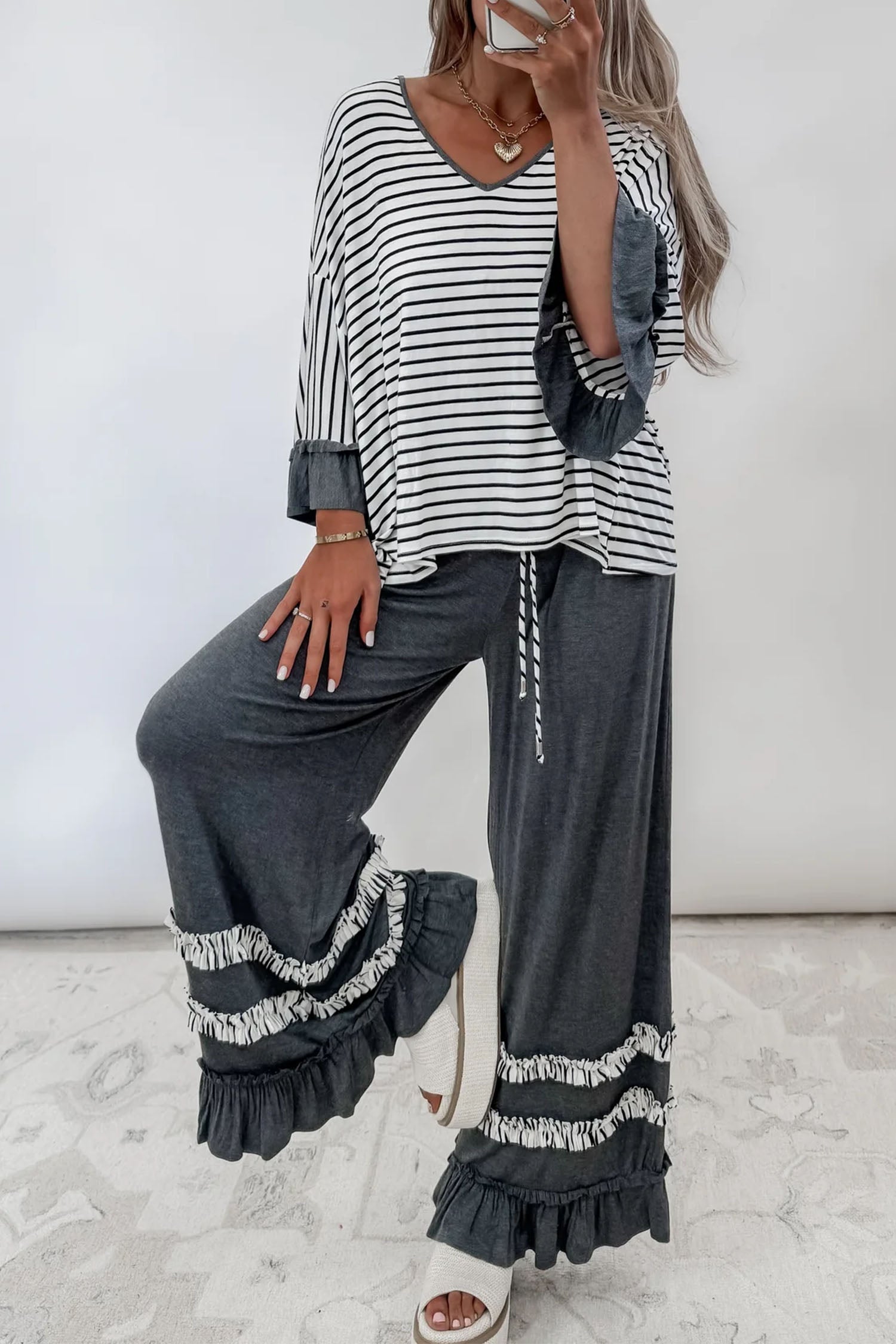 Gray Stripe V Neck Ruffle Contrast Sleeve Top Drawstring Pants 2pcs Set