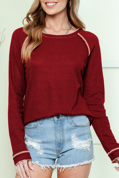 Brown Textured Crewneck Long Sleeve Top