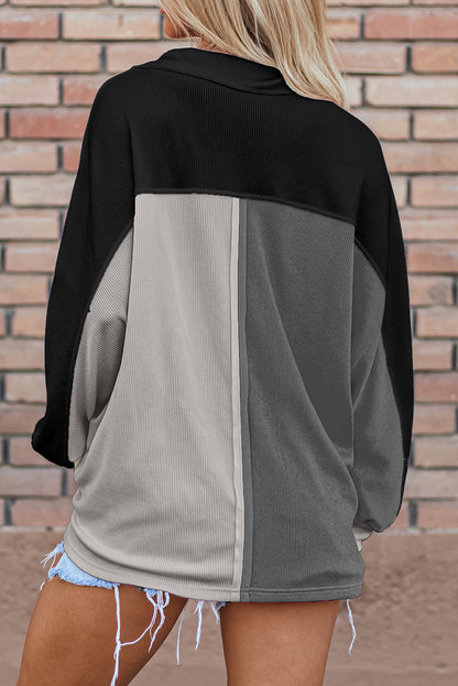 Gray Colorblock Patchwork Ribbed Oversized Henley Sweatshirt