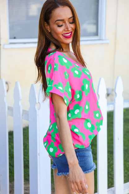 Spring Vibes Pink & Green Flower Print V Neck Short Sleeve Top