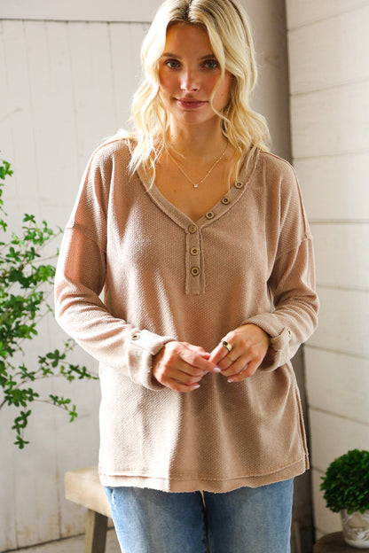 Casual Living Brown Henley Cuff Sleeve Side Slit Pullover