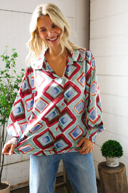 Mint To Be V Neck Bubble Sleeve Silky Collared Blouse