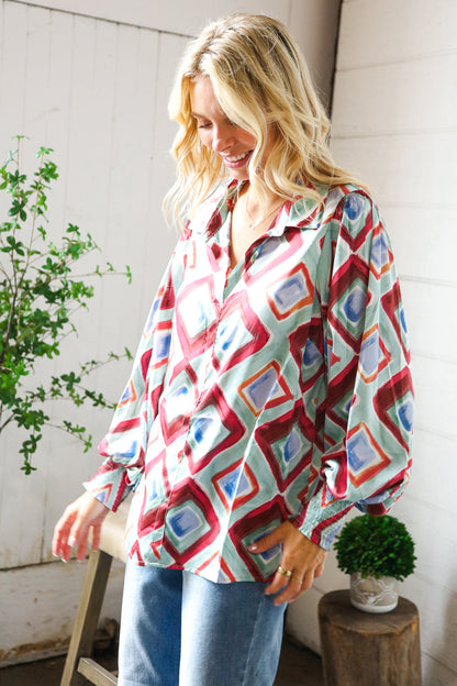 Mint To Be V Neck Bubble Sleeve Silky Collared Blouse