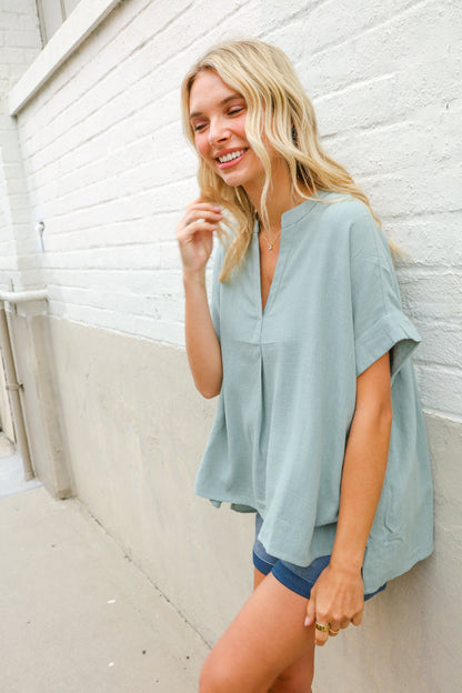 Casual Chic Sage Linen Notch Neck Dolman Short Sleeve Top