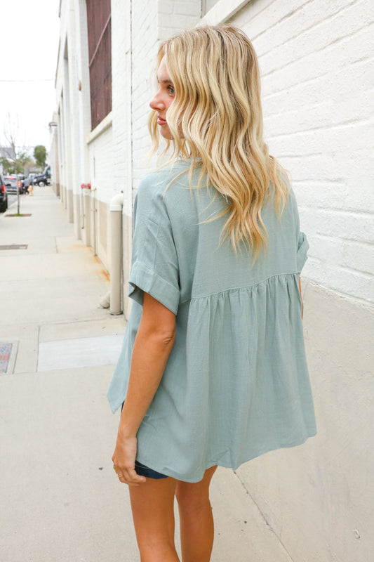 Casual Chic Sage Linen Notch Neck Dolman Short Sleeve Top