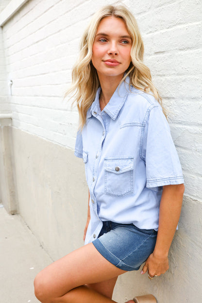 Casual Chic Blue Cotton Denim Snap Button Flap Pocket Top
