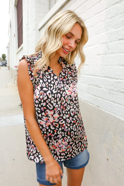 Dazzle In Black Leopard Print Frill Notch Neck Top