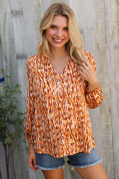 Perfectly You Rust Satin Button-Down V Neck Elastic Sleeve Blouse