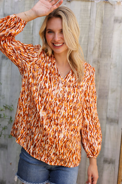 Perfectly You Rust Satin Button-Down V Neck Elastic Sleeve Blouse