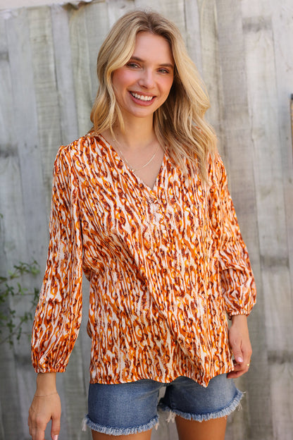 Perfectly You Rust Satin Button-Down V Neck Elastic Sleeve Blouse