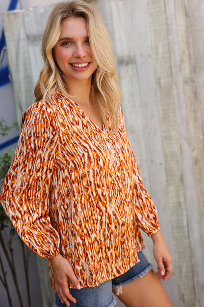 Perfectly You Rust Satin Button-Down V Neck Elastic Sleeve Blouse